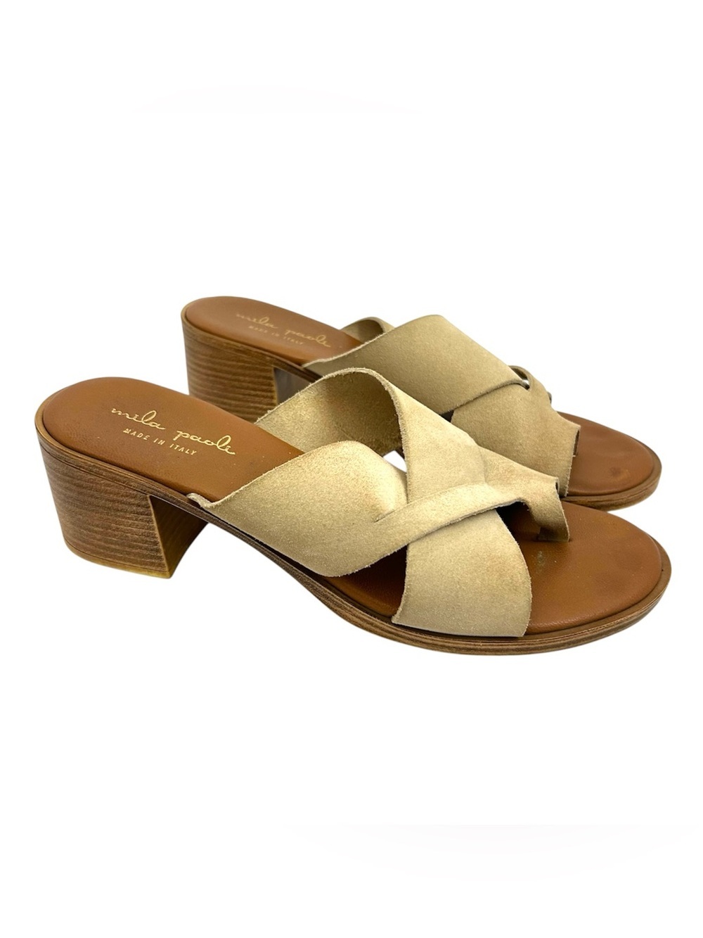 Mila Paoli Suede Criss Cross Strap Block Heel Mule Slide Sandals Beige 8.5 Italy